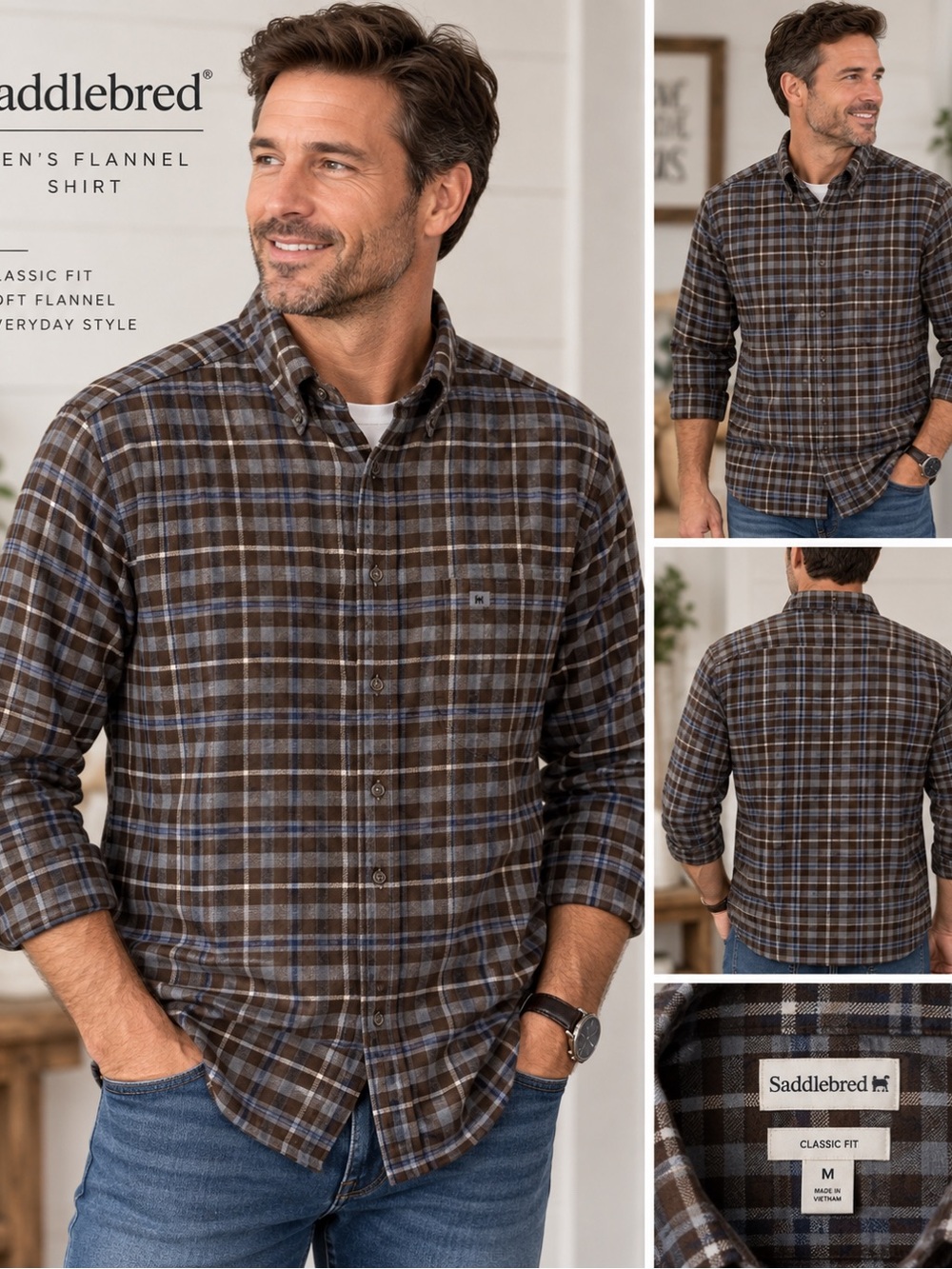 Saddlebred Brown and Blue Plaid Button-Down Flannel Shirt Size M